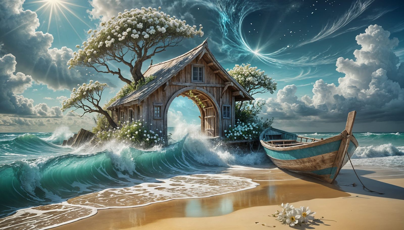 Dreamy Wooden Boat House on Stormy Beach with Glowing Flower...