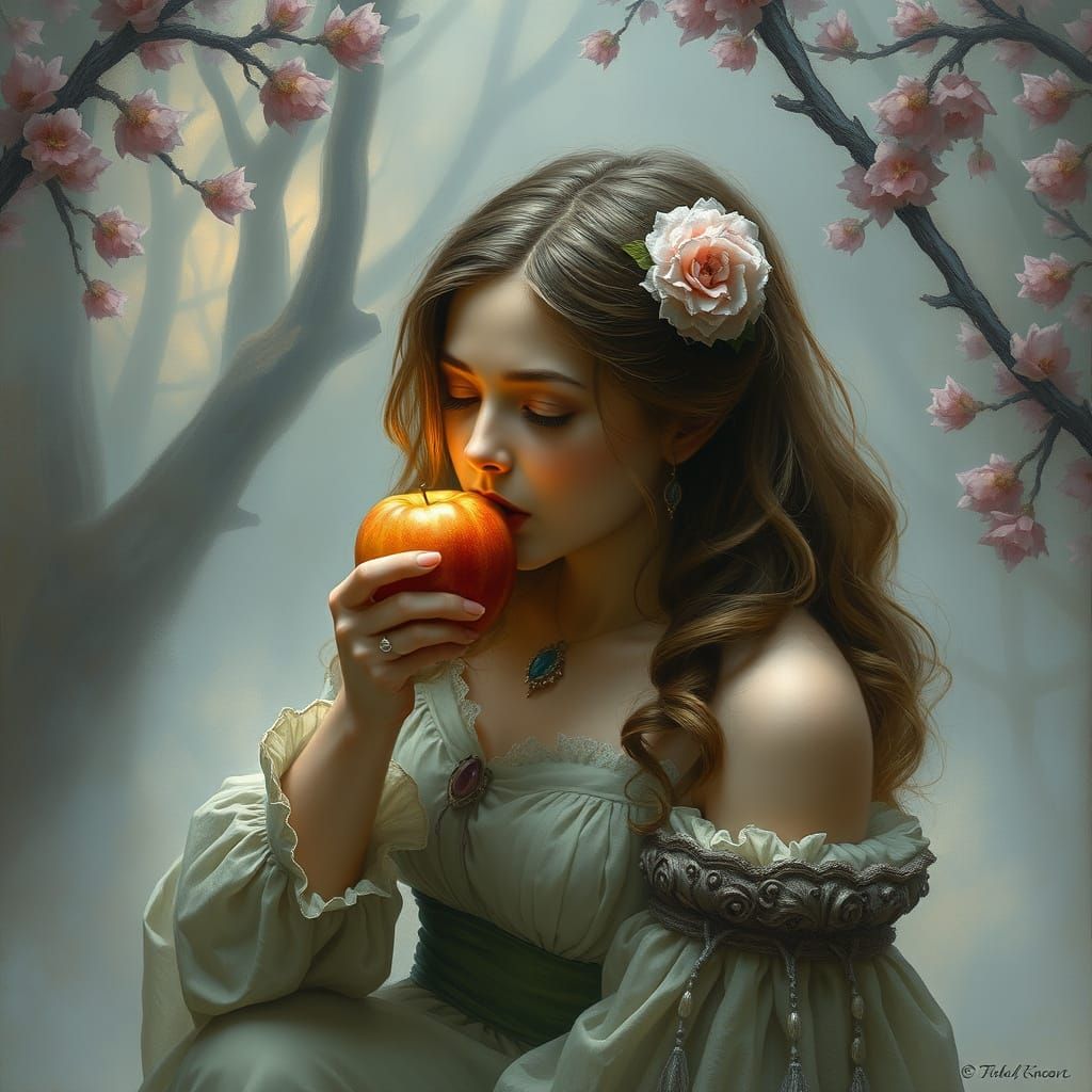 Woman in Ethereal Fantasy Eating Apple