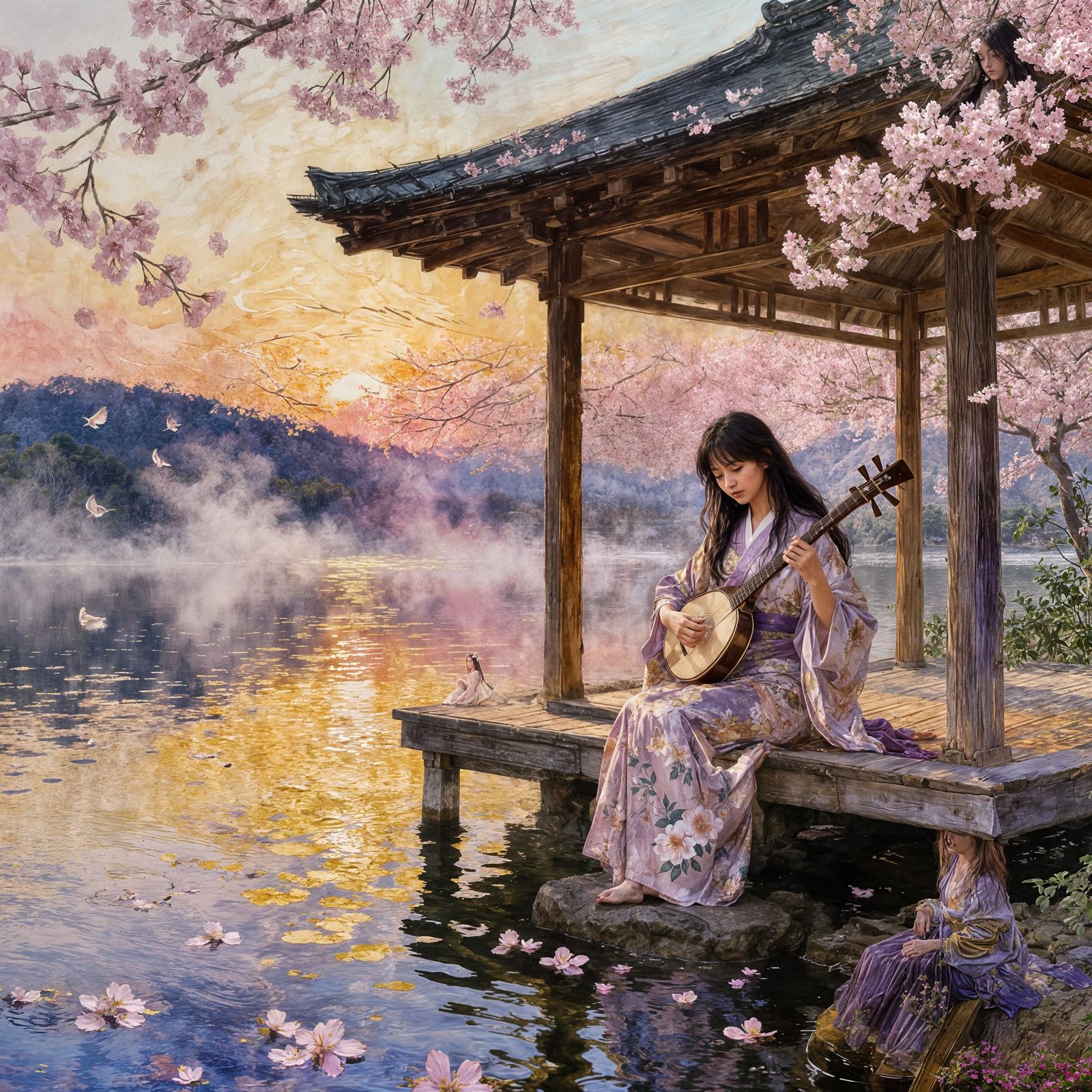 Woman Playing Shamisen by Lakeside at Sunset in Gouache Styl...