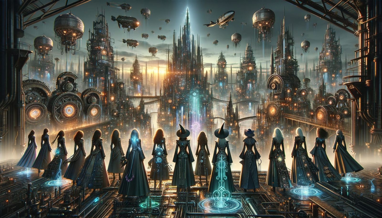 Witches Overlooking Steampunk Metropolis