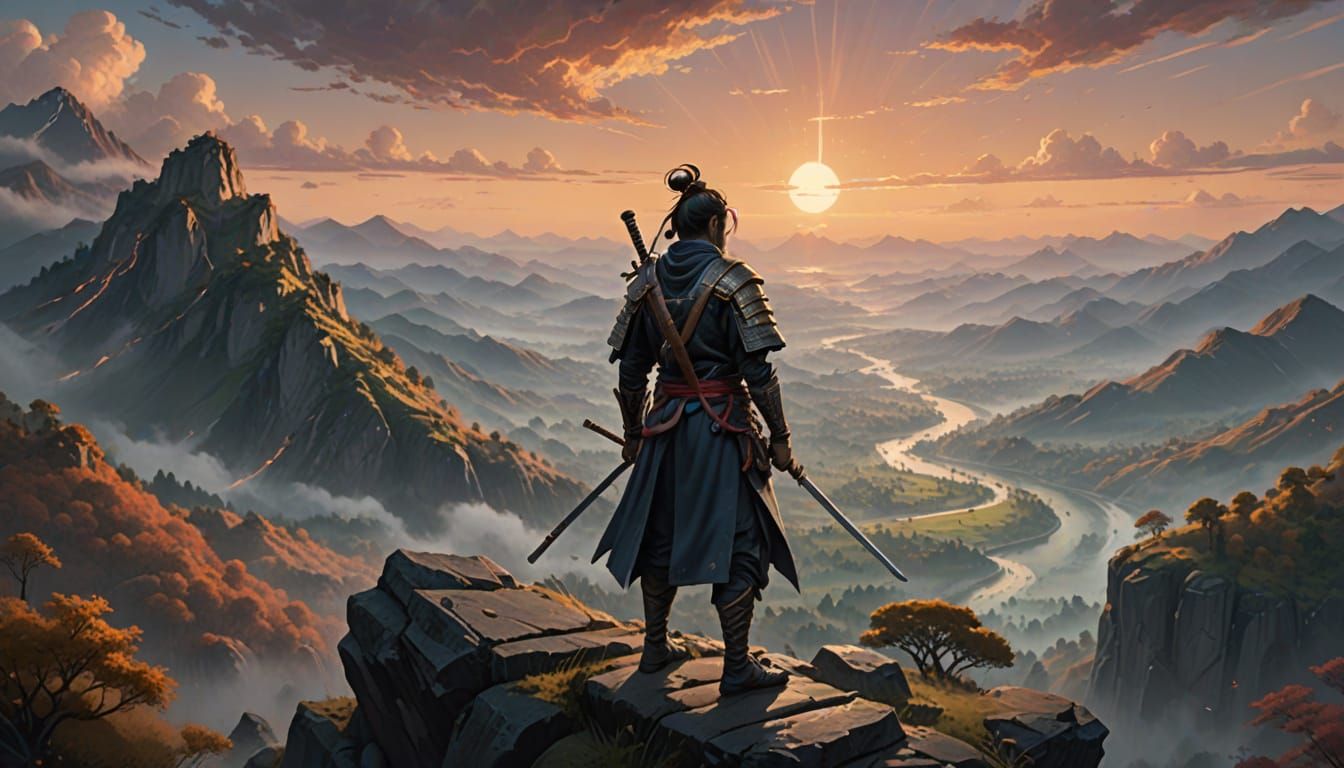 Samurai Overlooking Misty Valley as Digital Matte Painting