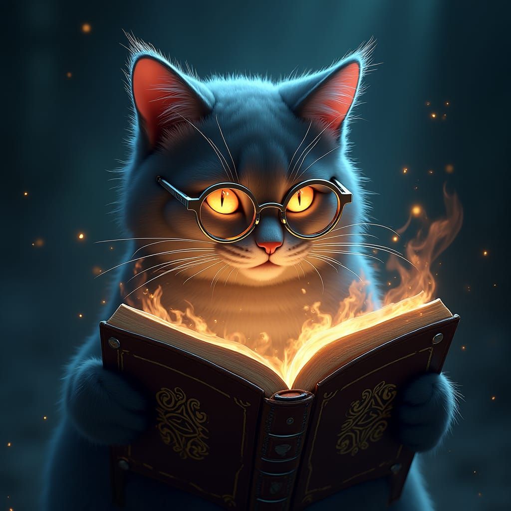 Cartoon Cat Reading Book with Schrodinger Cats