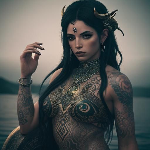 Aries Goddess: Siren with Tattoos in Hyperrealistic Style