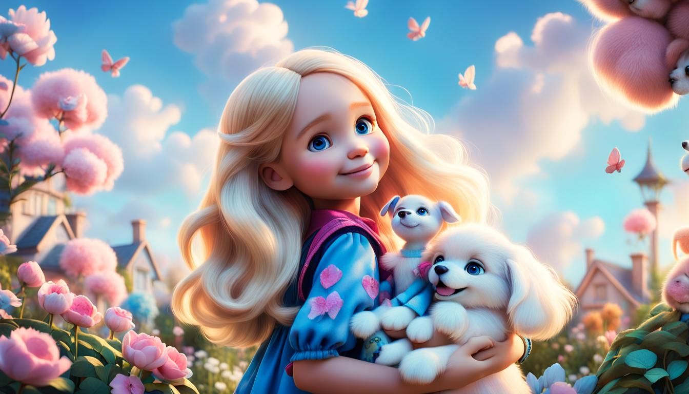 Girl with Dolls and Puppy in Pixar Style
