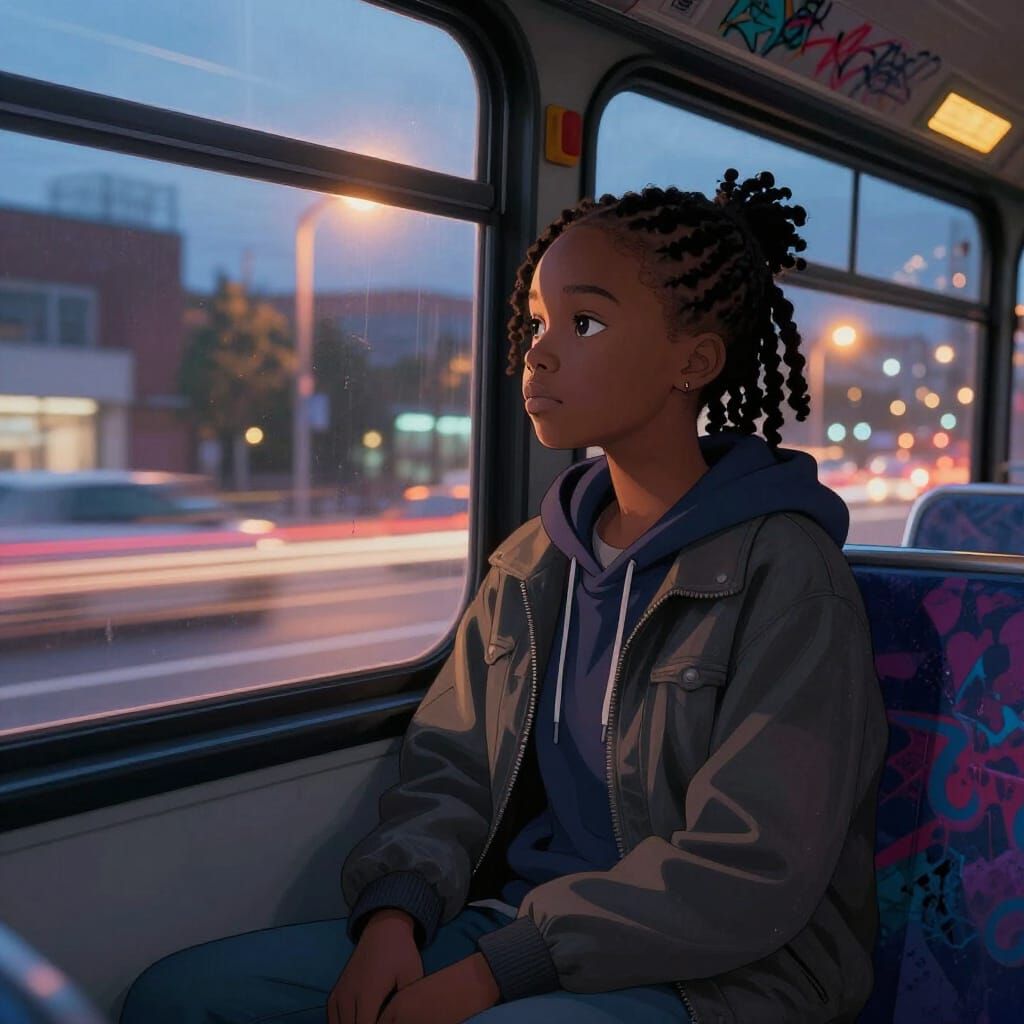 Anime Style Girl Reflects on City Dusk from Bus Window