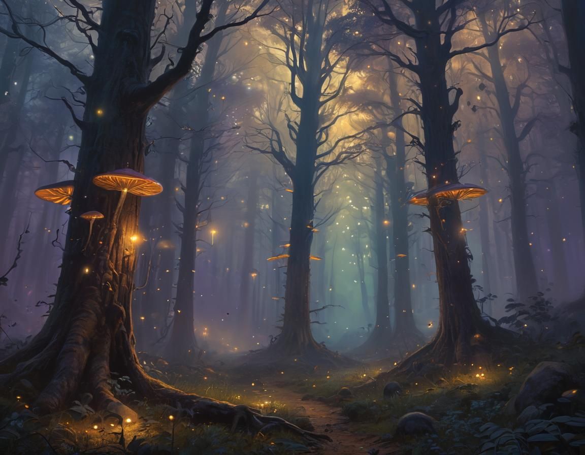 Mystical Glowing Forest in Dreamlike Oil Painting