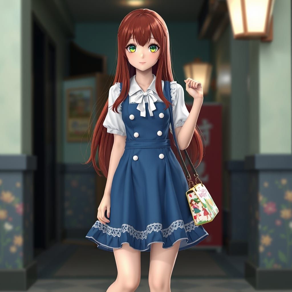 Blue and white A-line pinafore dress with lace trimmed ruffled hem