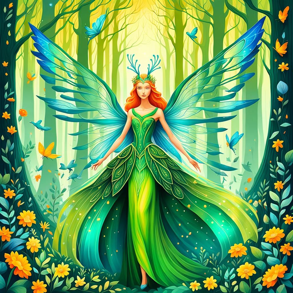 Vibrant Fae Illustration in Whimsical Art Style with Bold Br...