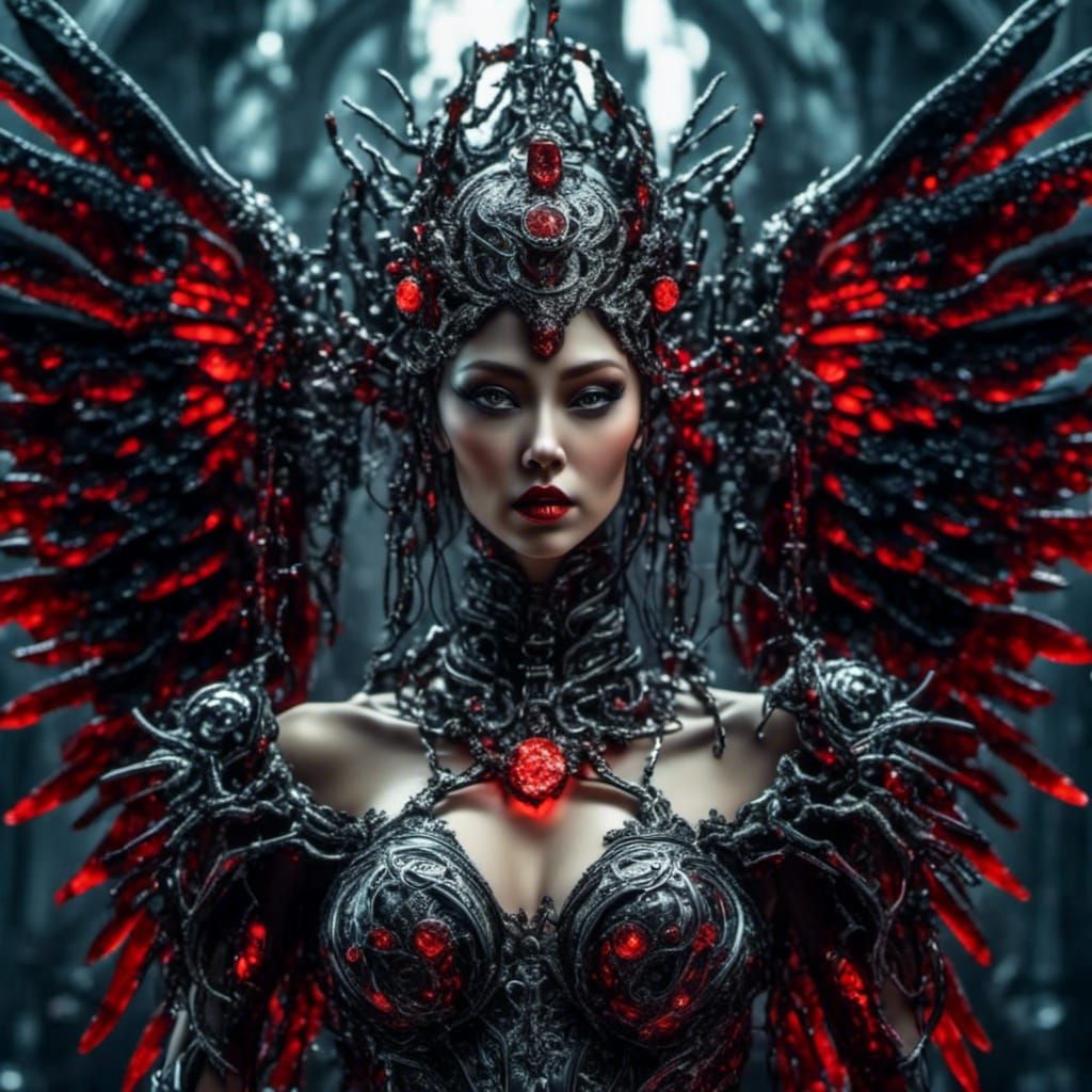 Winged Cyborg Goddess in Rococo-Horrorcore Style