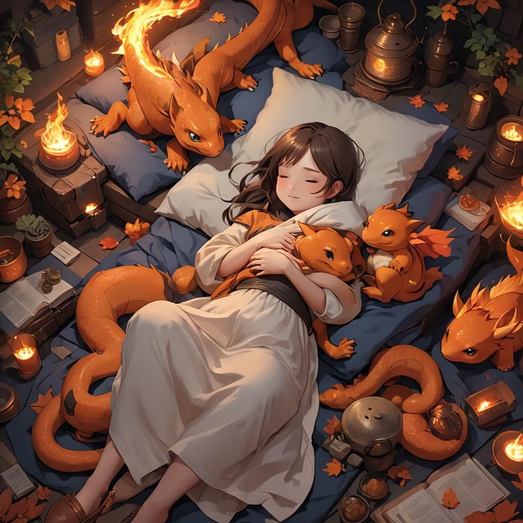 Girl Holding Sleeping Charmander in Anime Style