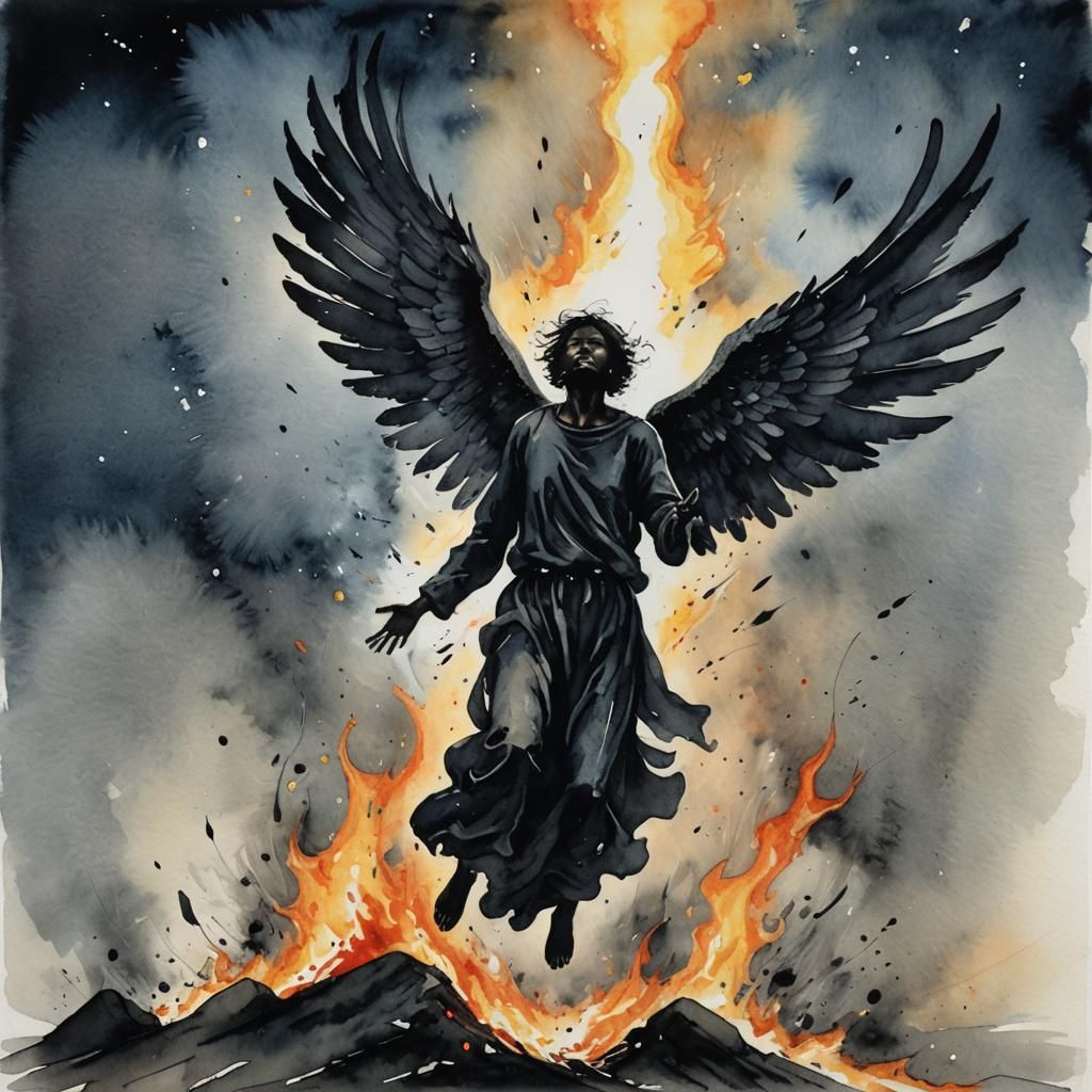 Fallen Black Angel Reaching for Light: Watercolor
