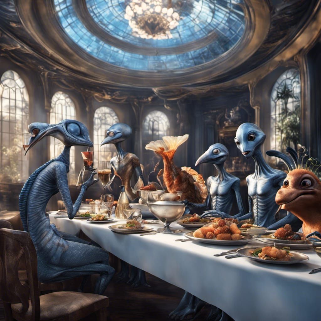 Cartoon Characters Dine in Surreal Restaurant, Oil Painting