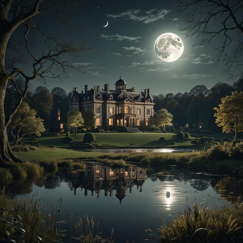 Distant Stately Home by Lake in 3D Render