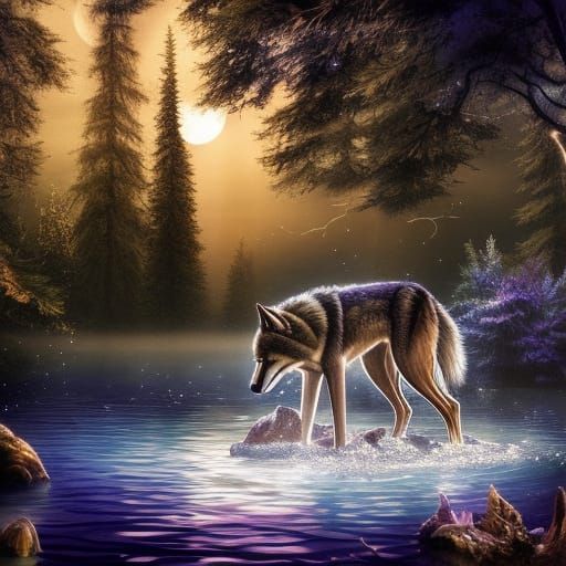 Wolf in Moonlight Fantasy Landscape