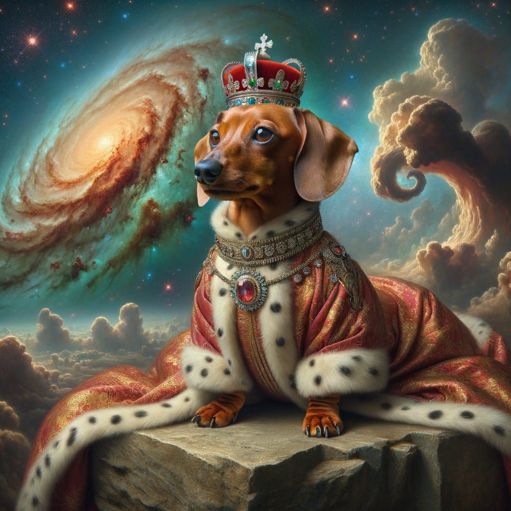 Regal Dachshund in Nebula, Old Masters Oil Painting Style