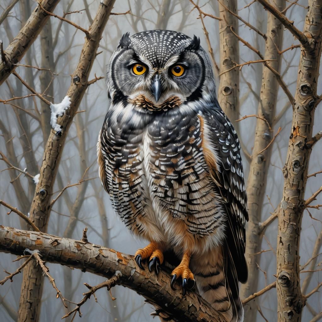 A Hyperrealistic closeup of a Northern Hawk-owl (Surnia ulul...
