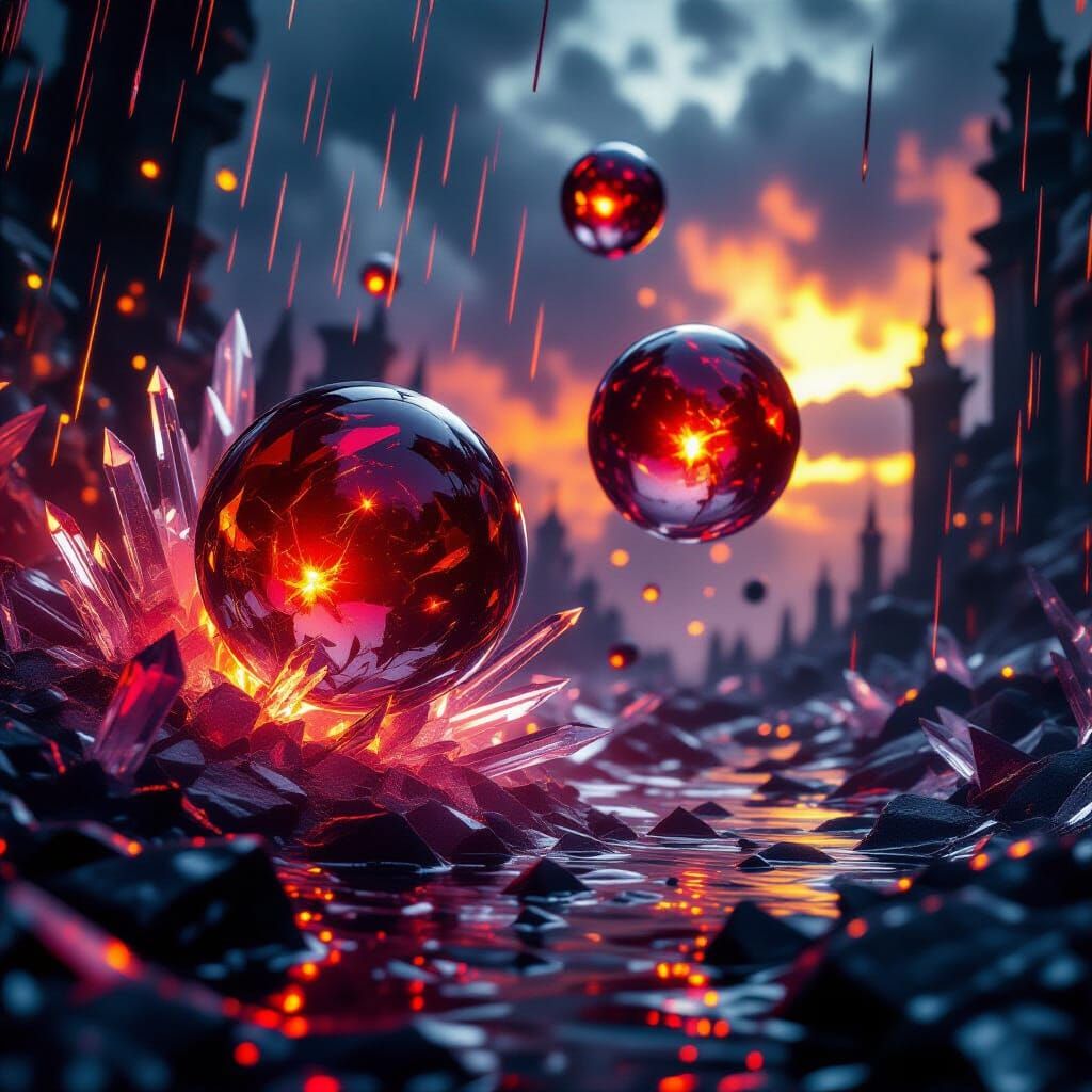 Fiery Crystal Balls Fall in Dark Steampunk Scene