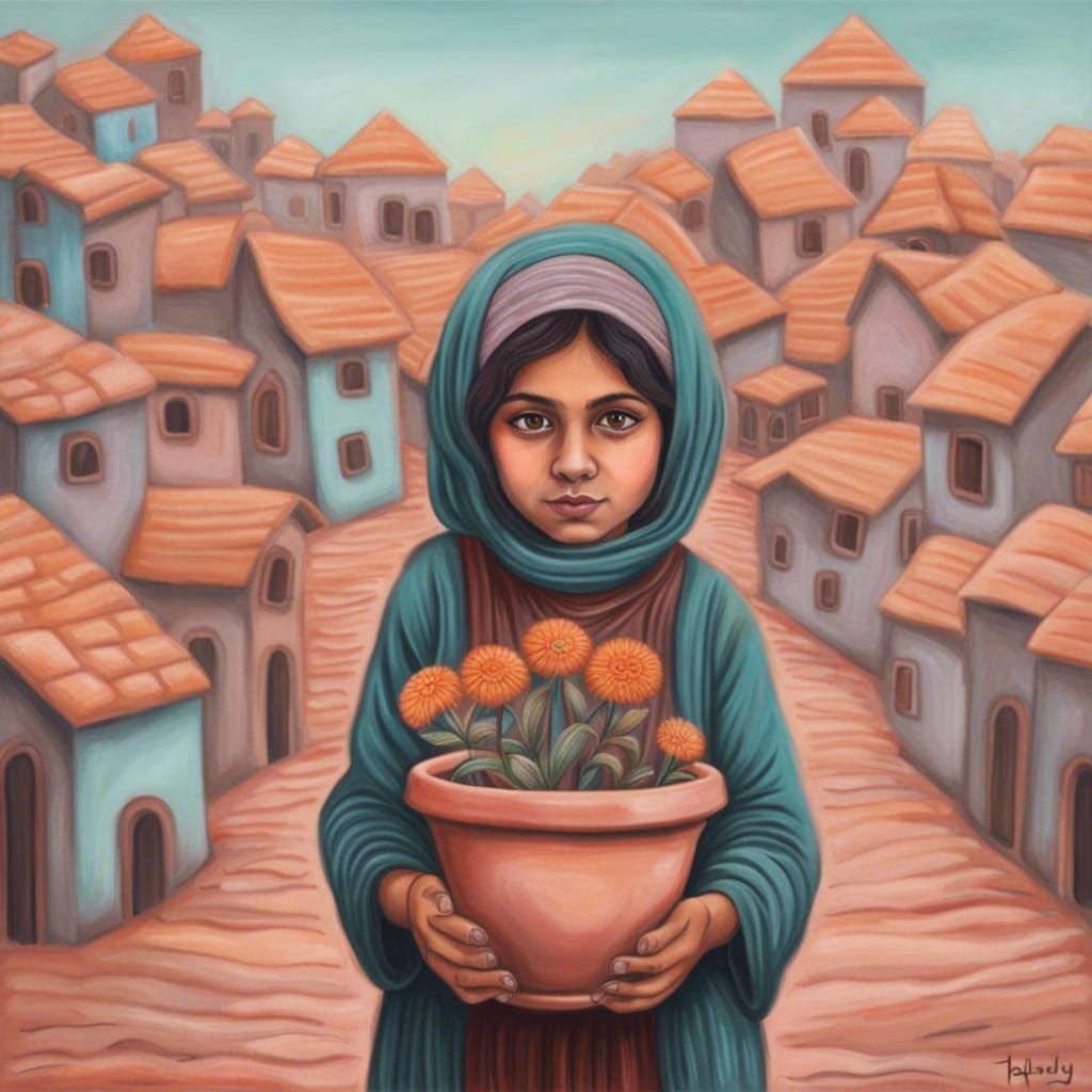 Afghan Girl with Flower Pot in Surreal Chalk Art