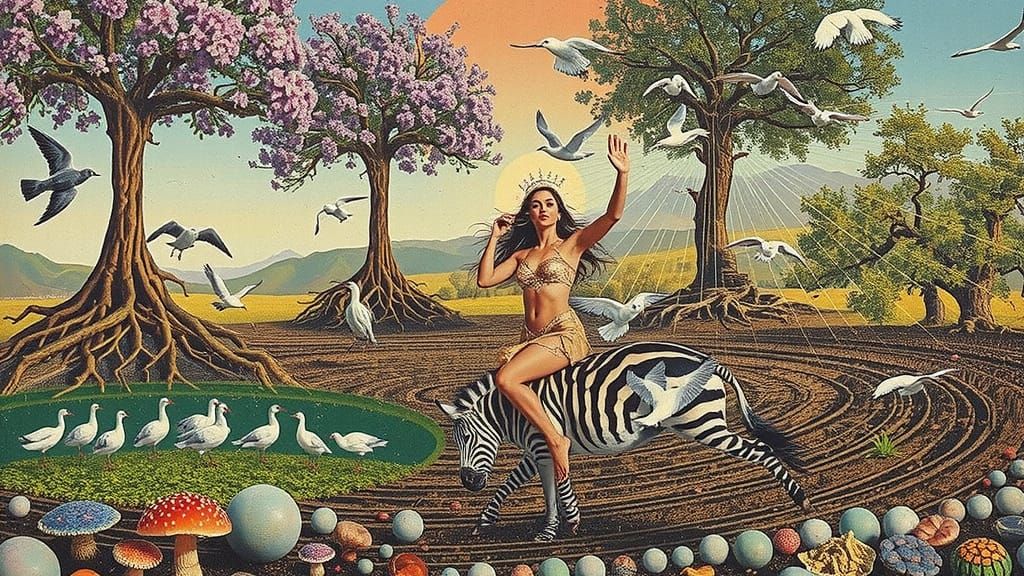 Goddess of Life Rides Zebra Through Cosmic Surrealism