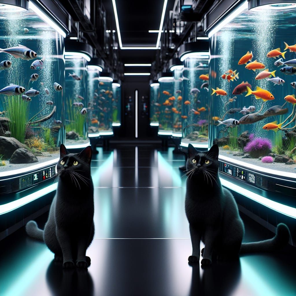 Black Cats Watch Fish in Futuristic Space Station