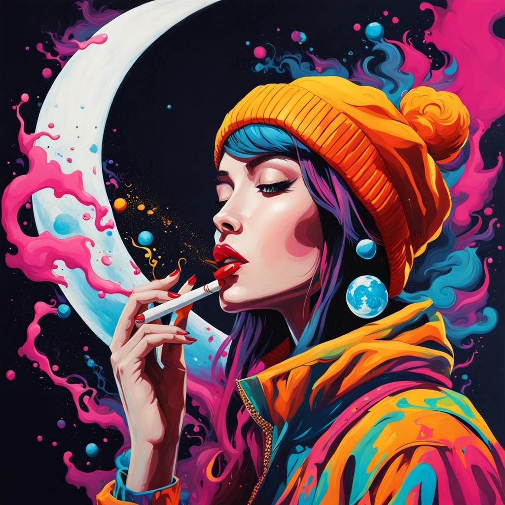 Women Smoking on Moon in Graffiti Art Style