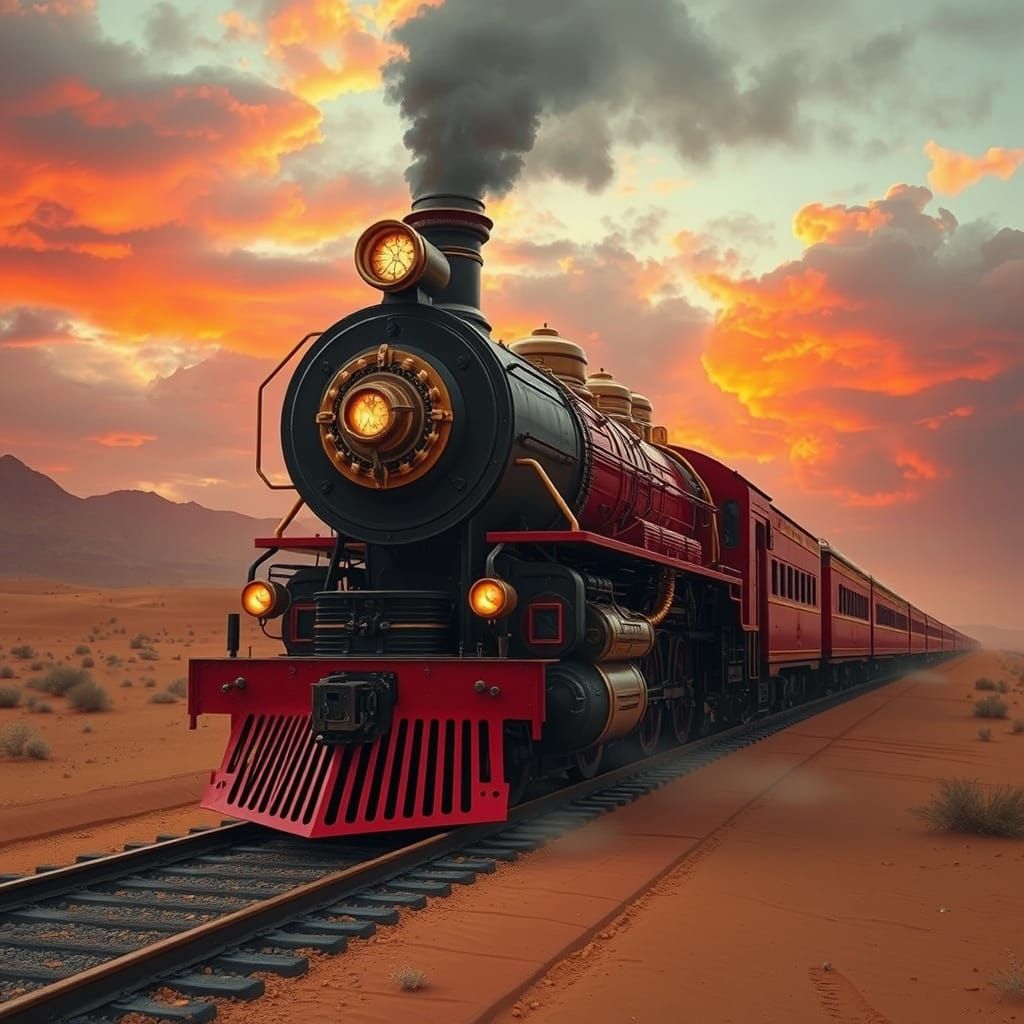 Retro-Futuristic Train in Scarlet and Brass