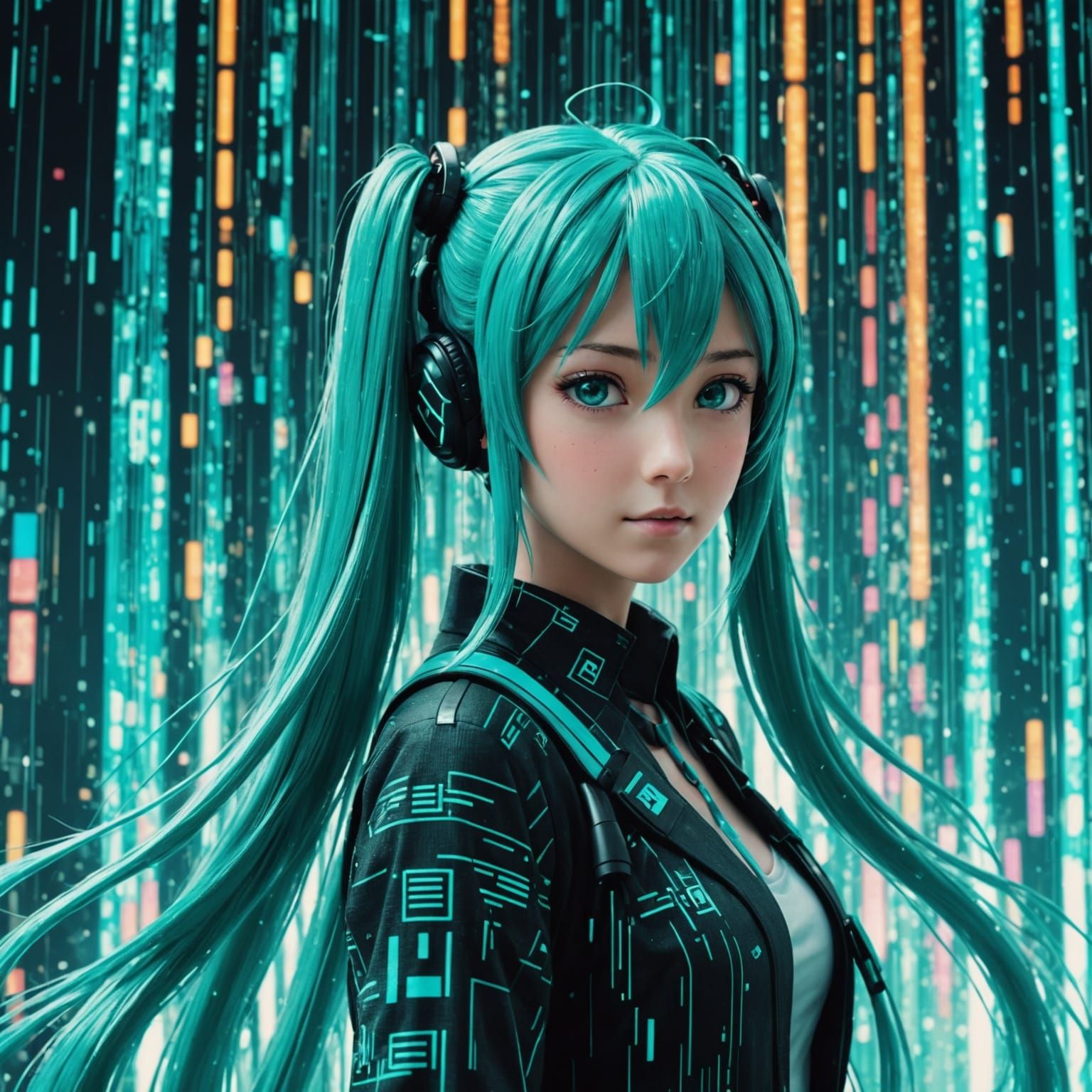 Hatsune Miku in Digital Realm with Matrix Effect
