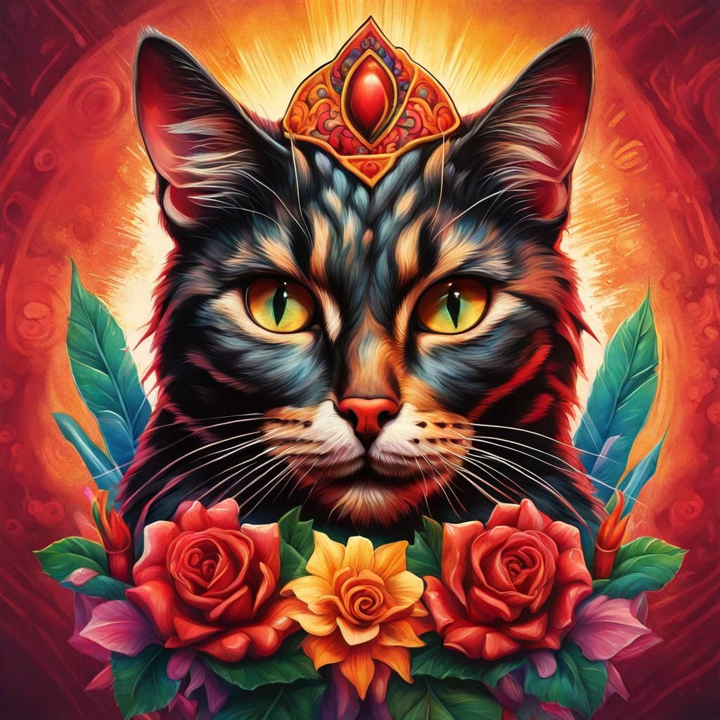 Sacred Mexican Heart with Cat: Hyperrealistic Splash Art