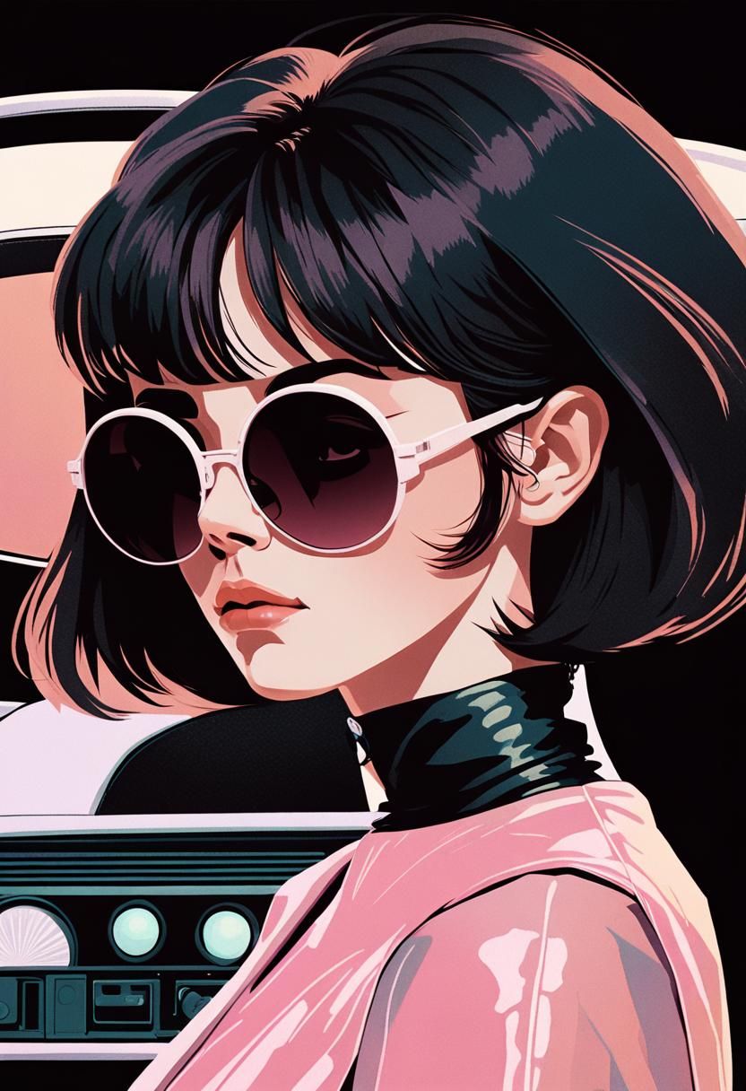 Retro-Futuristic Woman with Sunglasses in Digital Illustrati...