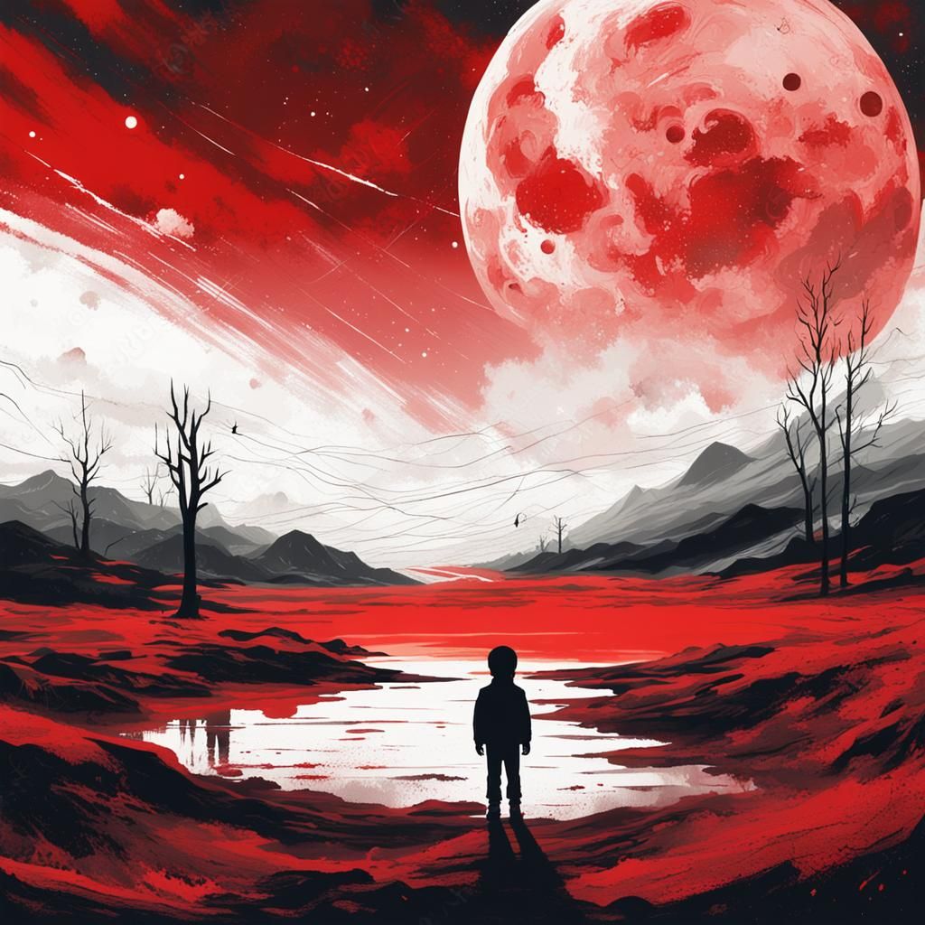 Eerie Space Grunge Landscape with Child