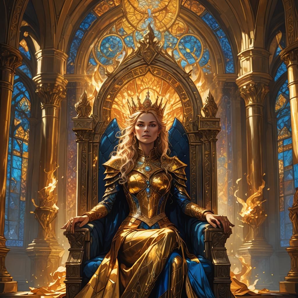 High Fae Queen on Throne with Golden Light, Fantasy Art