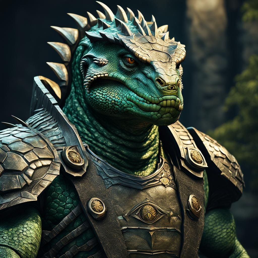 Detailed Reptilian Warrior Portrait in Oil Painting Style