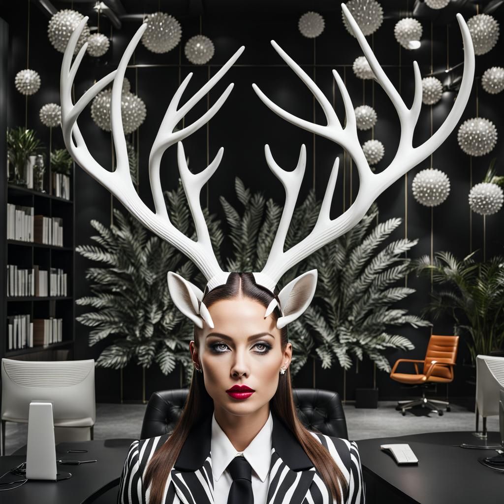 Woman with Antlers in a Biomorphic Office