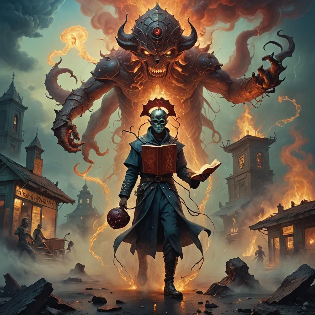 Sailor Warrior with Fiery Tome in Surrealist Dreamscape