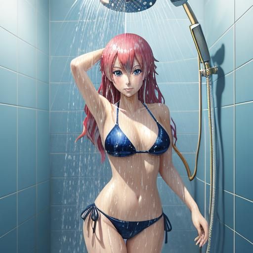 Anime Girl in Shower: Wet Bikini, Manga Art Style
