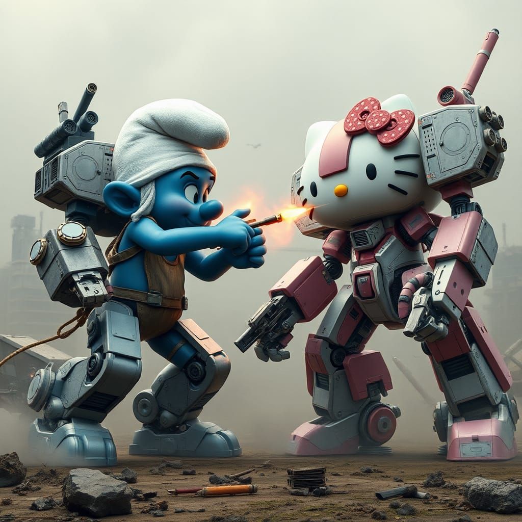 Giant Mechs Battle in Dystopian Hyperrealism