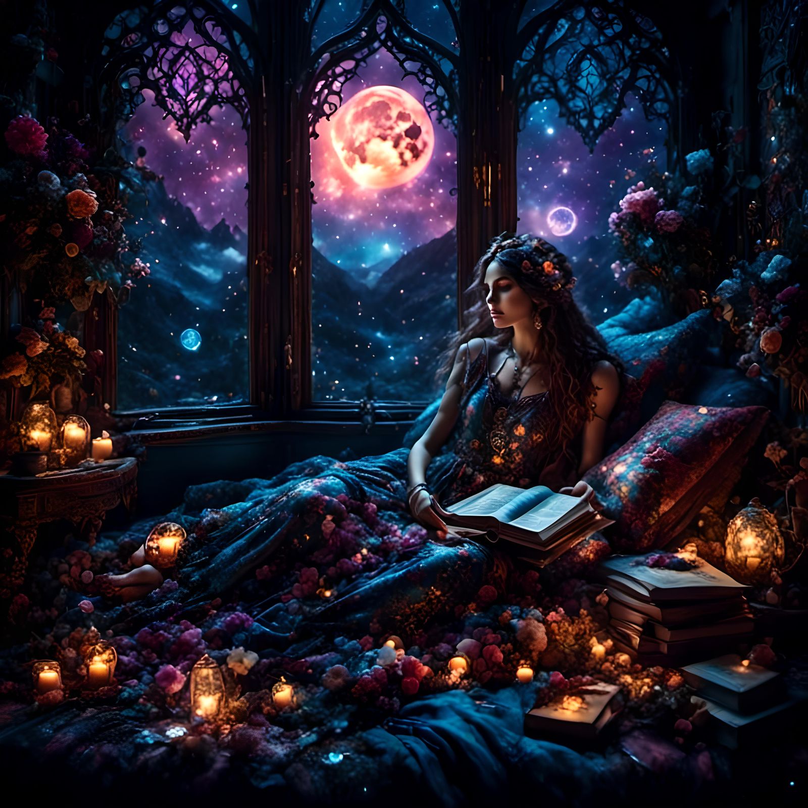 Hippy Girl Listening to Music Under Saturn's Gaze