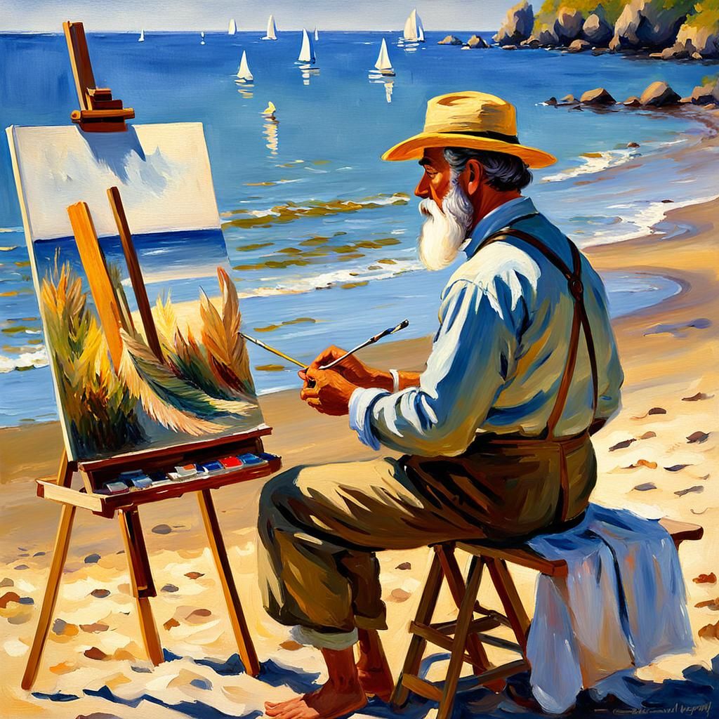 Beachcomber Painting Seaside Scene in Impressionist Style