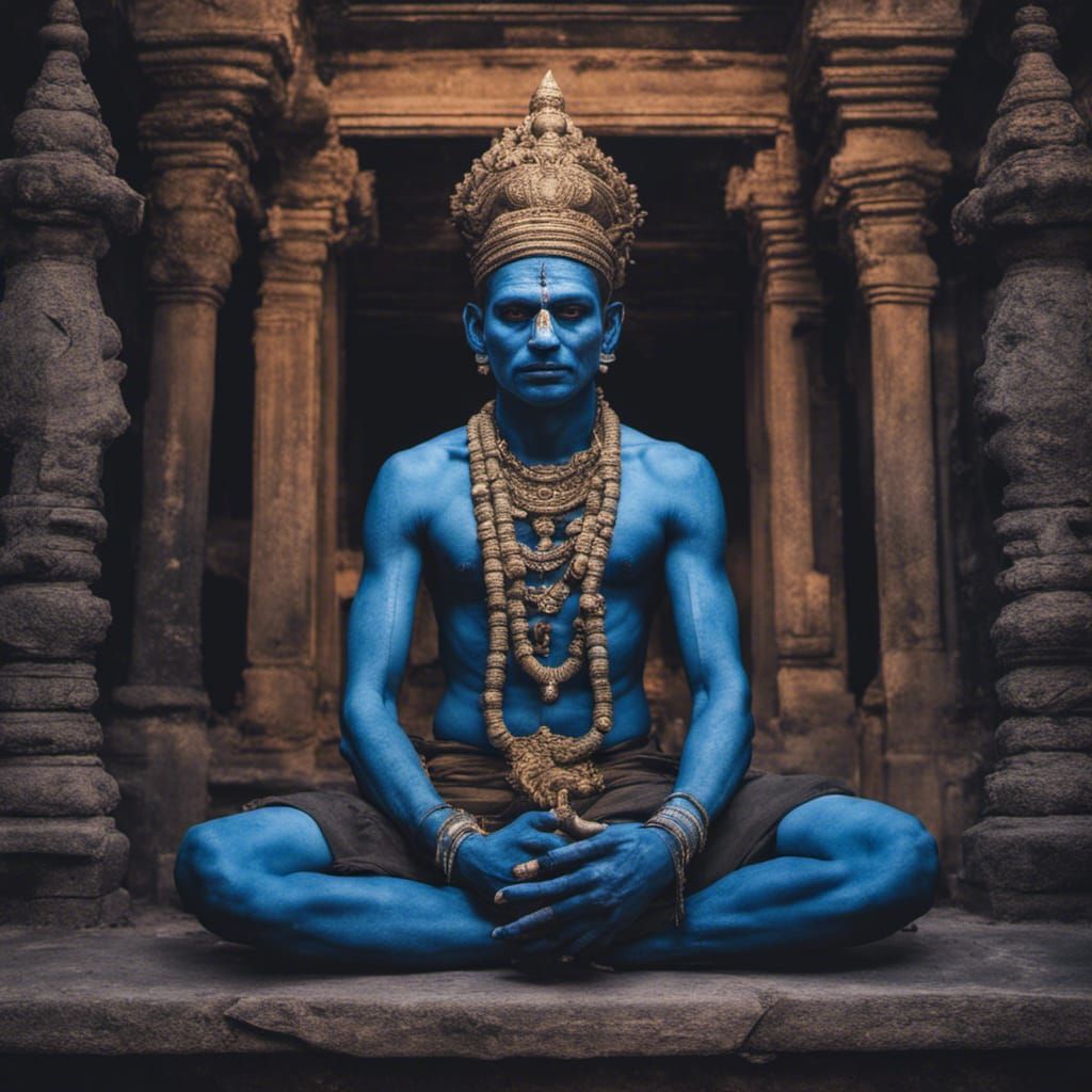 Blue Indian God in Temple at Dawn
