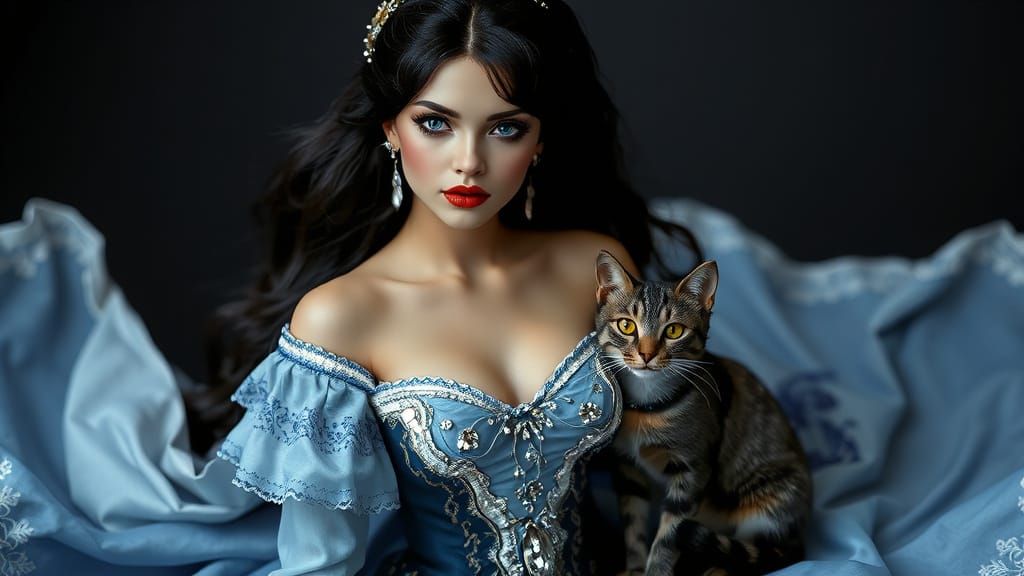Enchanting Diamond and Porcelain Woman with Cat