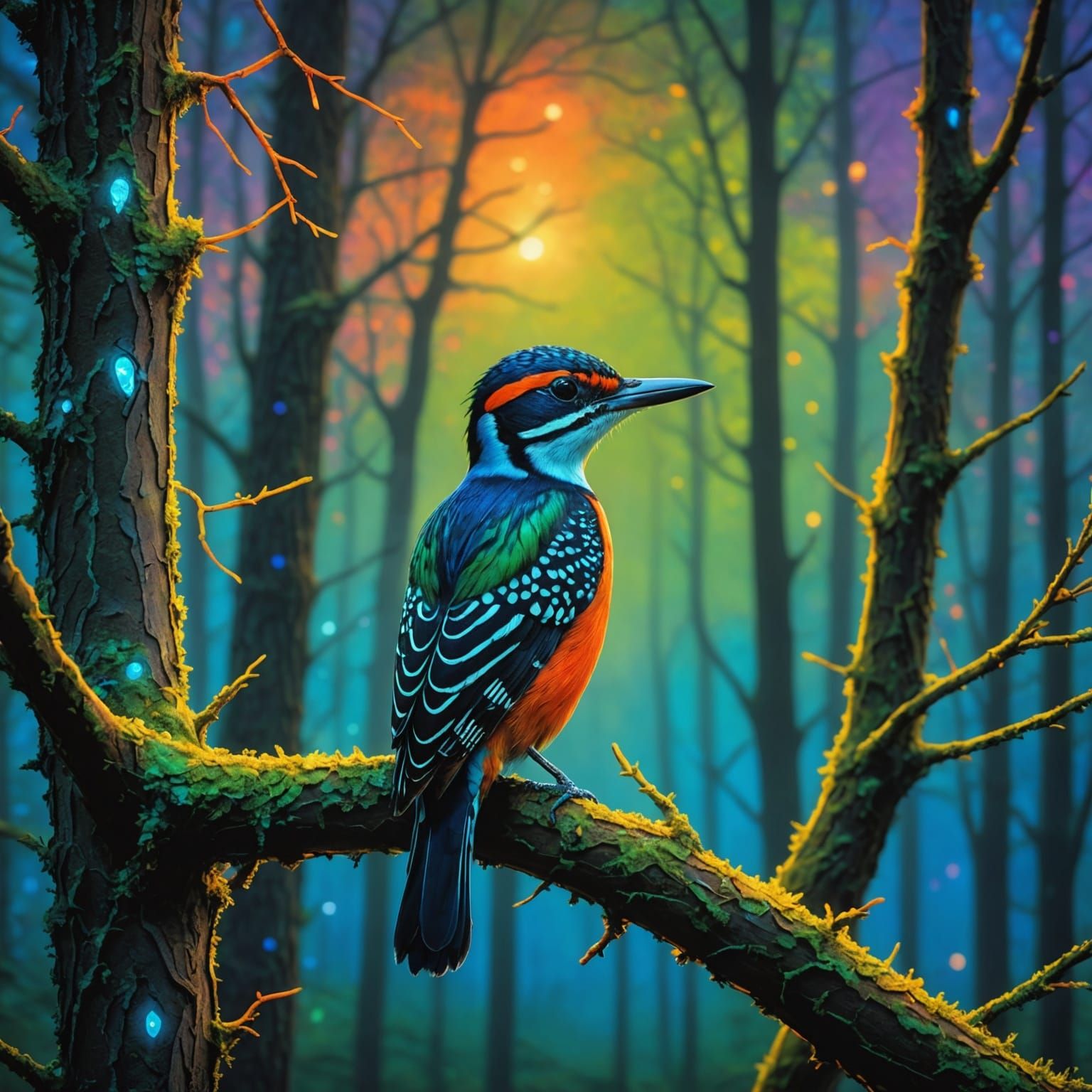 Surreal Woodpecker in a Mystical Forest at Dusk