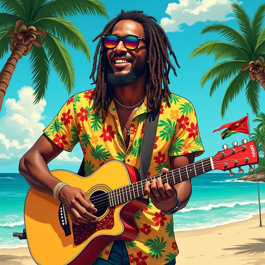 Reggae Musician on Jamaican Beach in Art Nouveau Style