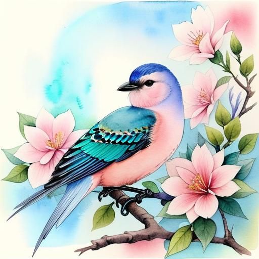 Dreamy Bird and Flowers in Watercolor Style