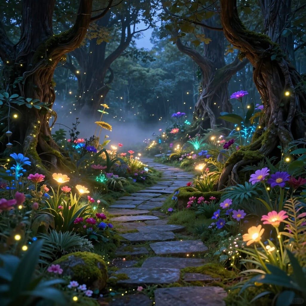 Enchanted Twilight Garden with Glowing Flora
