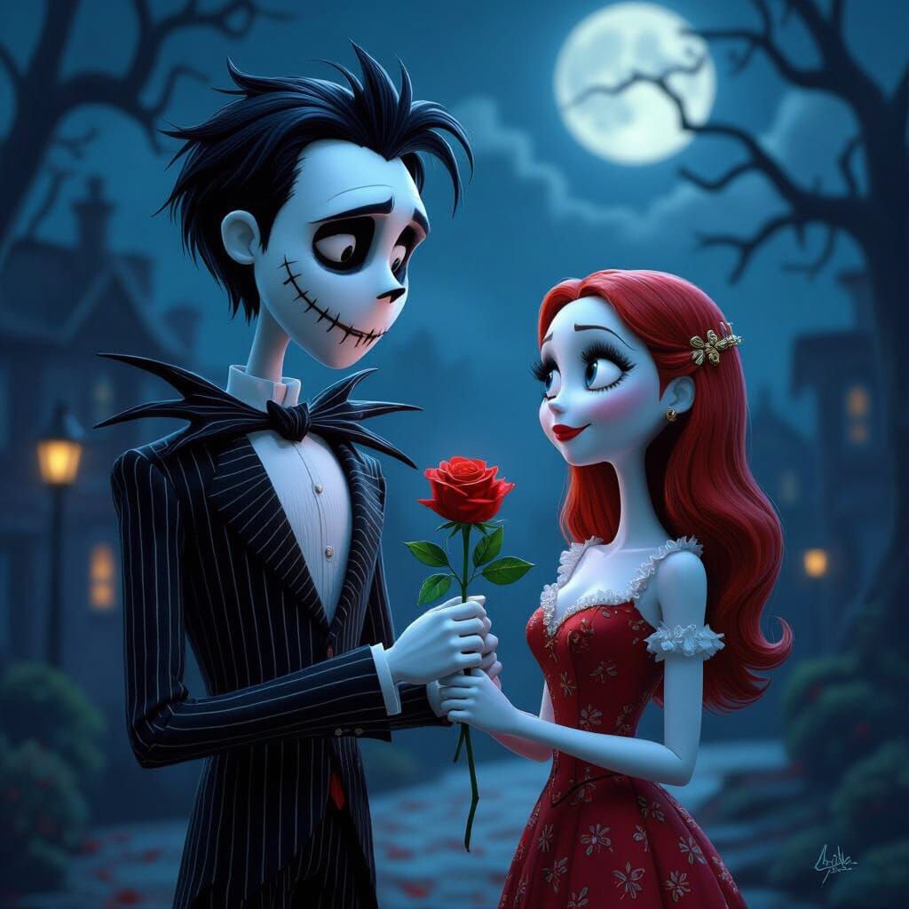 Jack Skellington Gives Sally a Rose in Nightmare Before Chri...