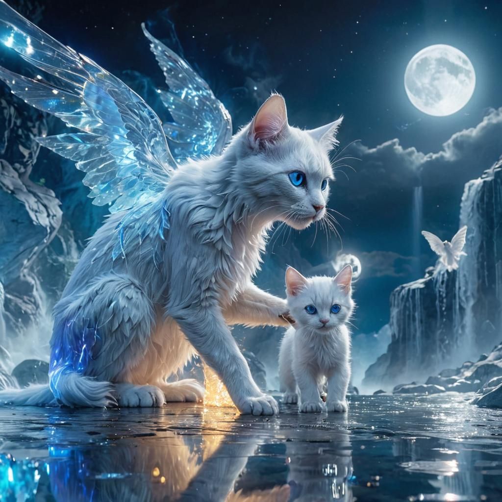 Holographic Cat Creature with Kitten, Digital Art