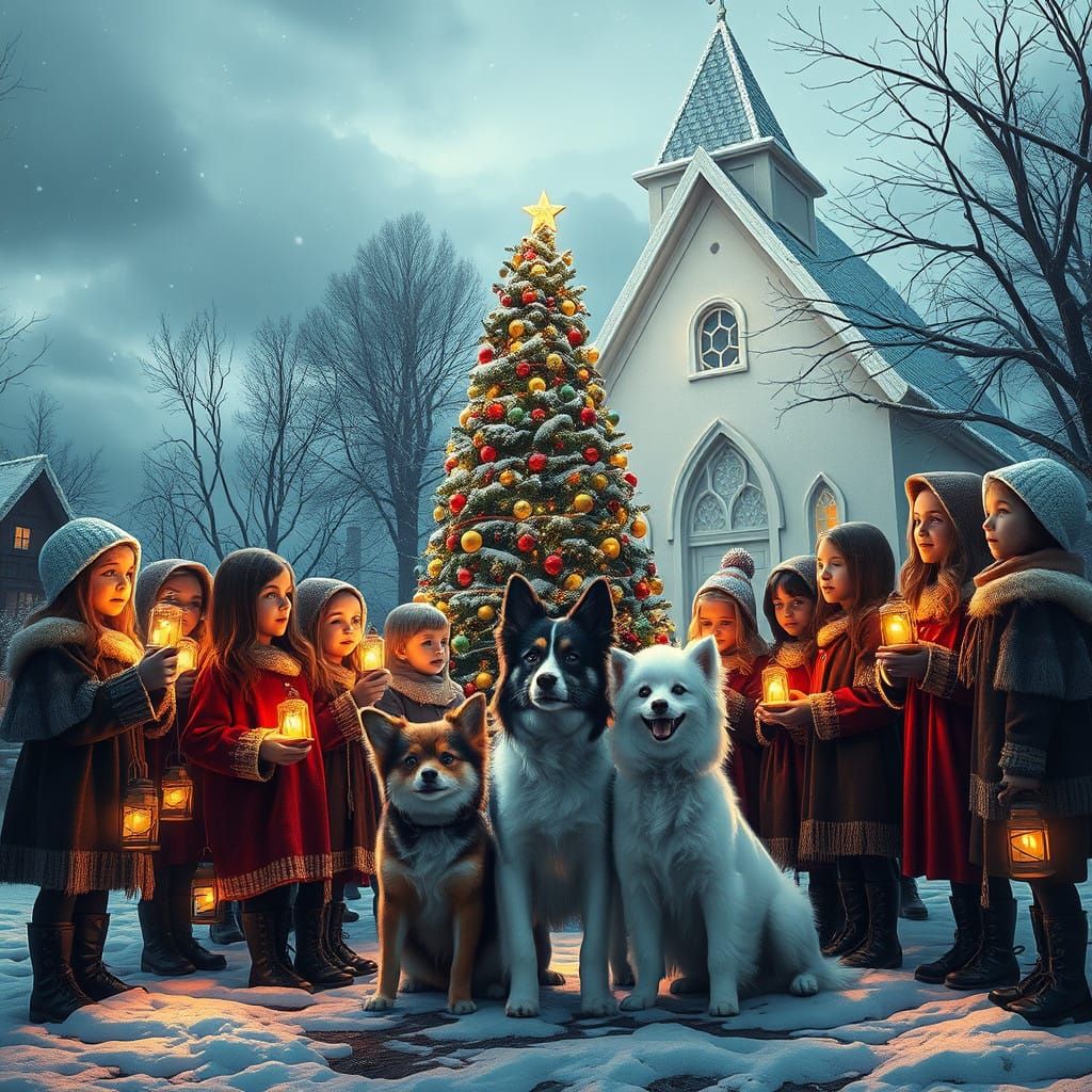 Village Tranbjeg white church Christmas time photorealistic ...