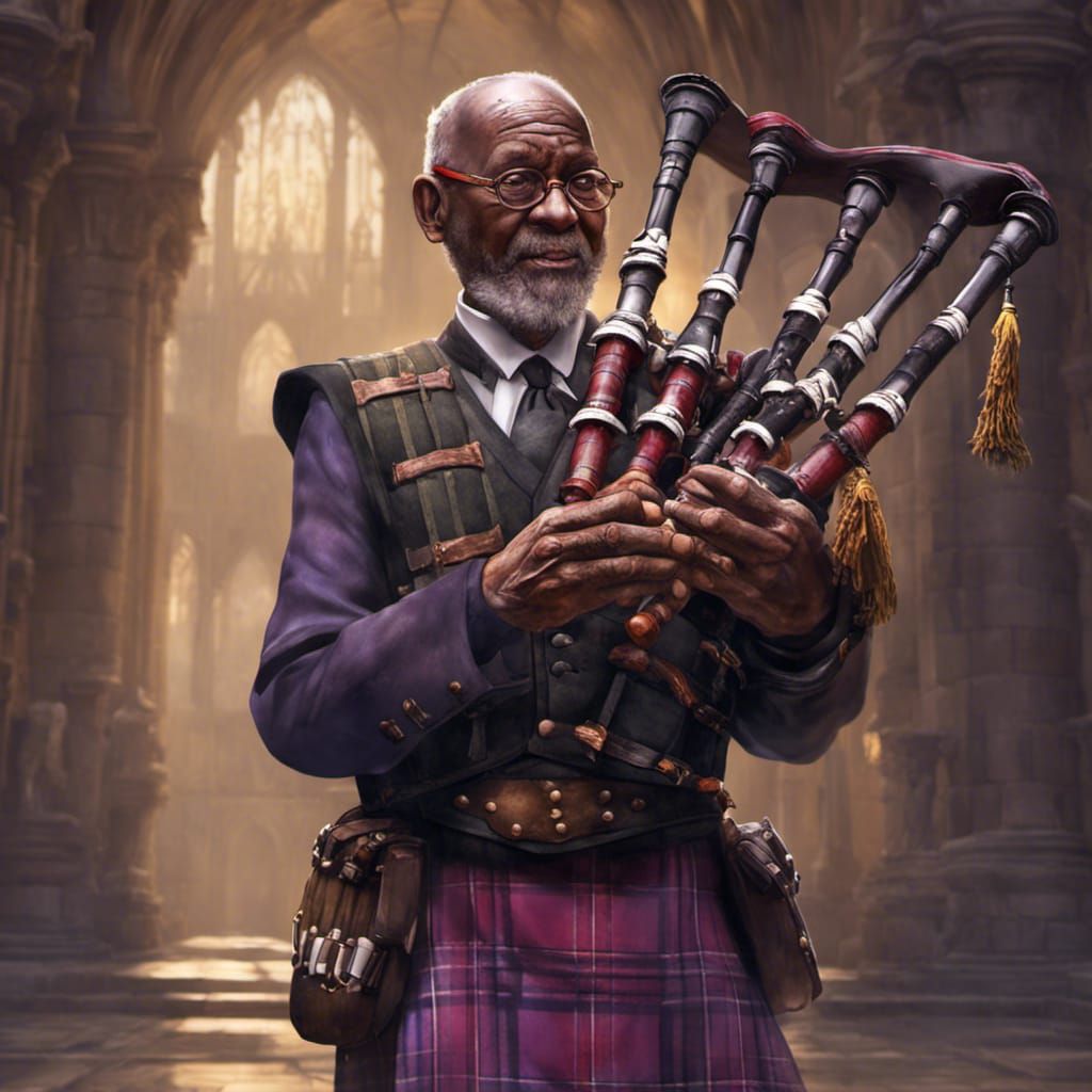 Desmond Tutu as Scottish Bagpiper, Dark Fantasy Art