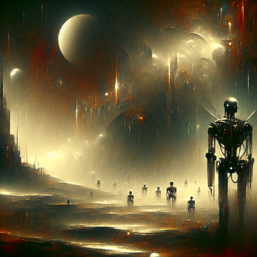 Cyborgs in a Haunting, Atmospheric Alien Landscape