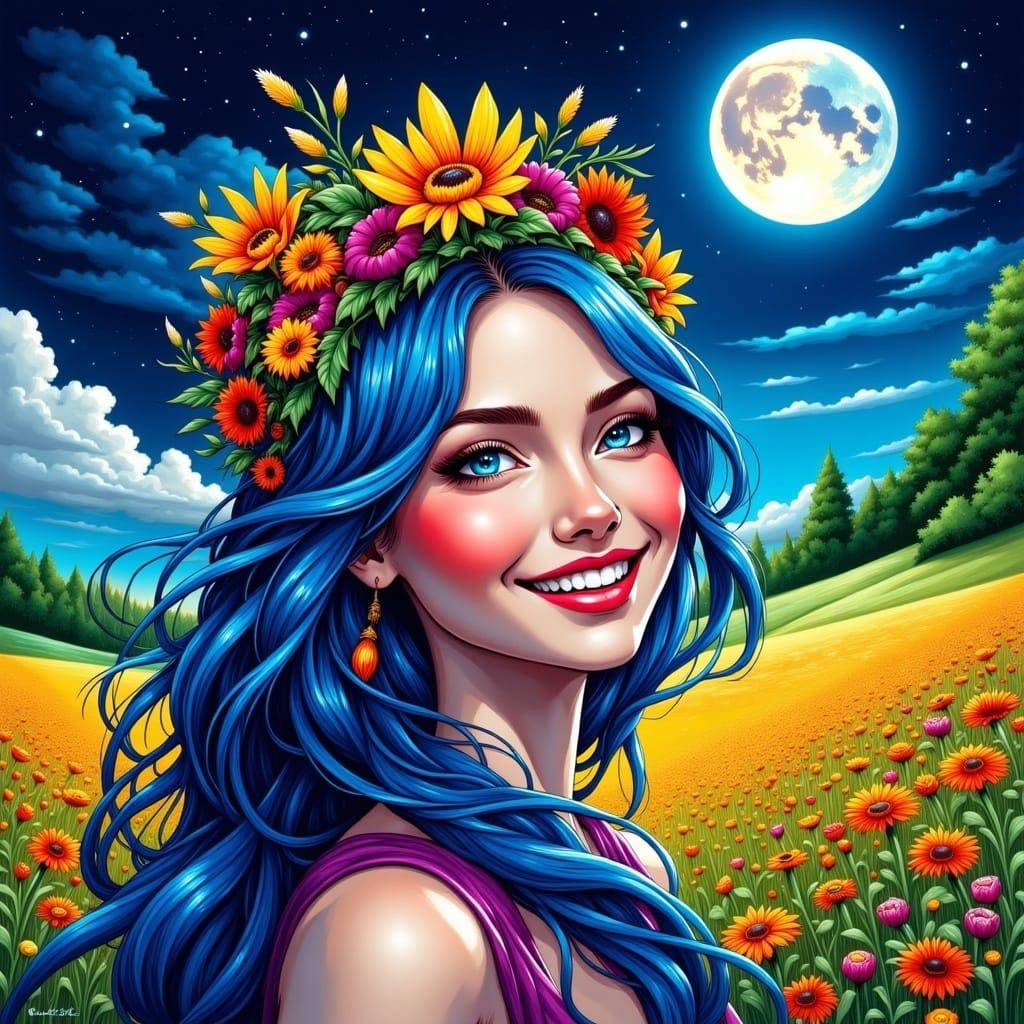 Blue-Haired Hippy Girl in Wildflower Field